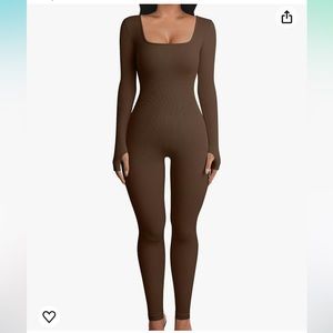 OQQ Women Yoga Jumpsuits Workout Ribbed Long Sleeve Sport Jumpsuits (Coffee)